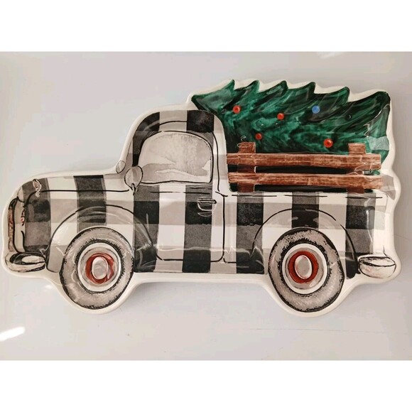 Robert Stanley Home Collection Ceramic Plaid Christmas Truck And Tree Plate NWT - Picture 1 of 3